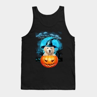 Goldden Retriever Witch Hat Pumpkin And Blue Moon Halloween Tank Top